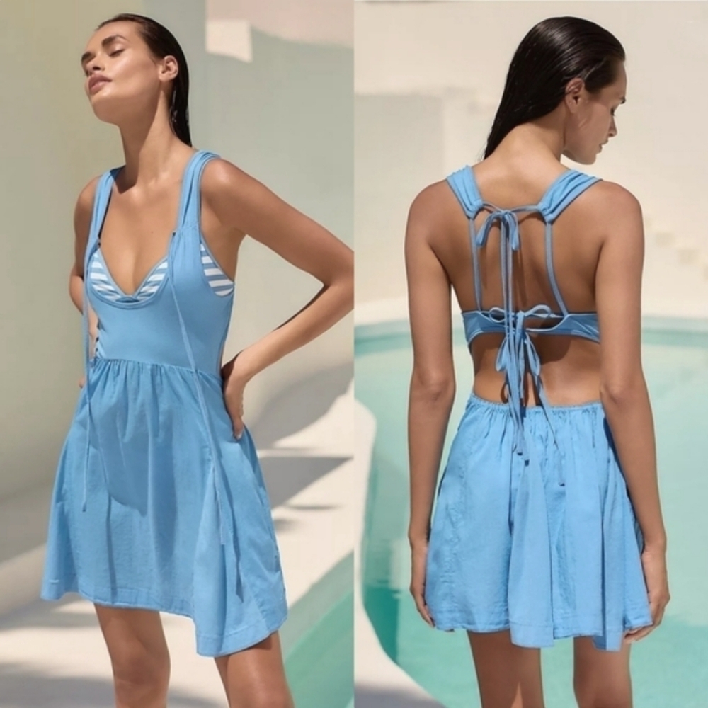 Anthropologie Scoop Neck Tie Back Mini Dress in Blue NWT